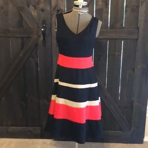 Red, black, and tan striped dress, Size 8